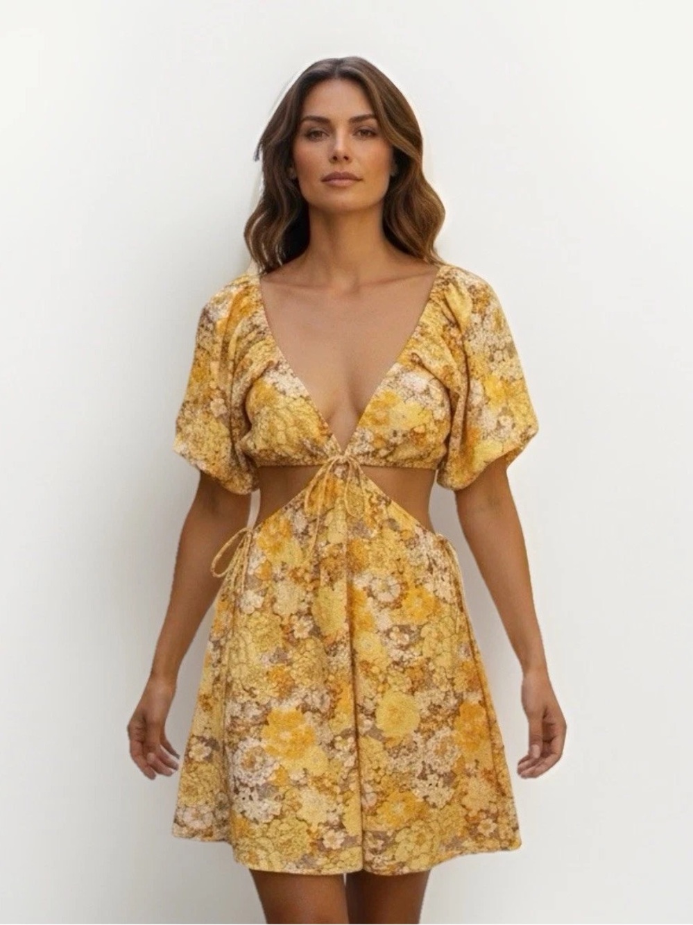 Forever 21 Yellow Floral Tie-Front Mini Dress